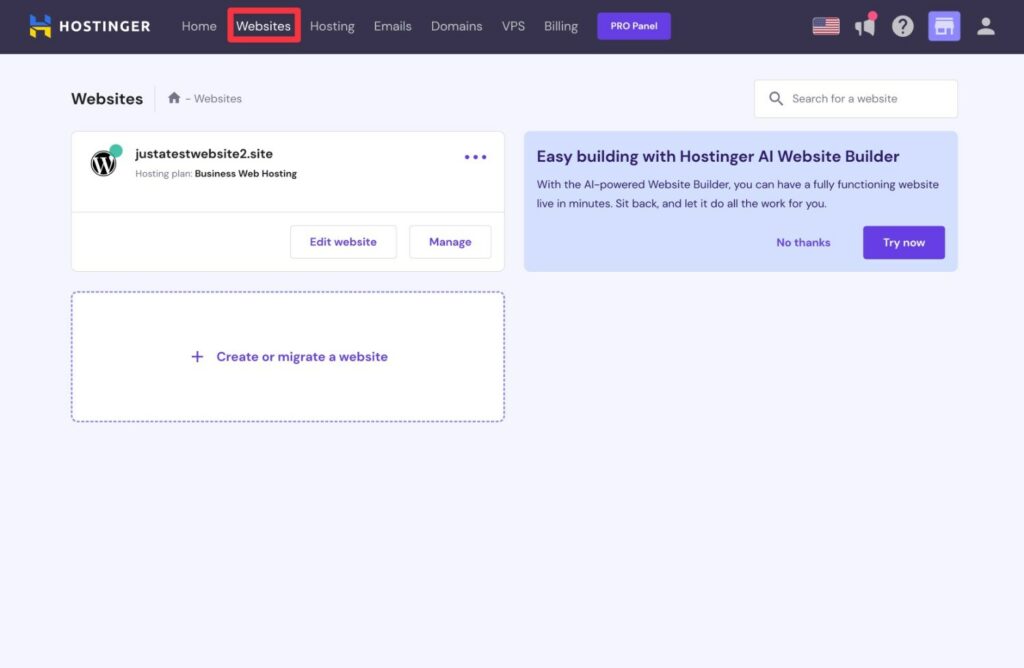Hostinger website dashboard