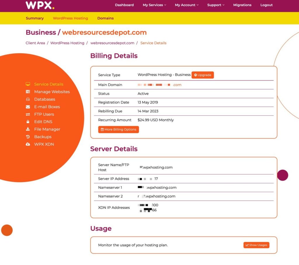 WPX Hosting dashboard