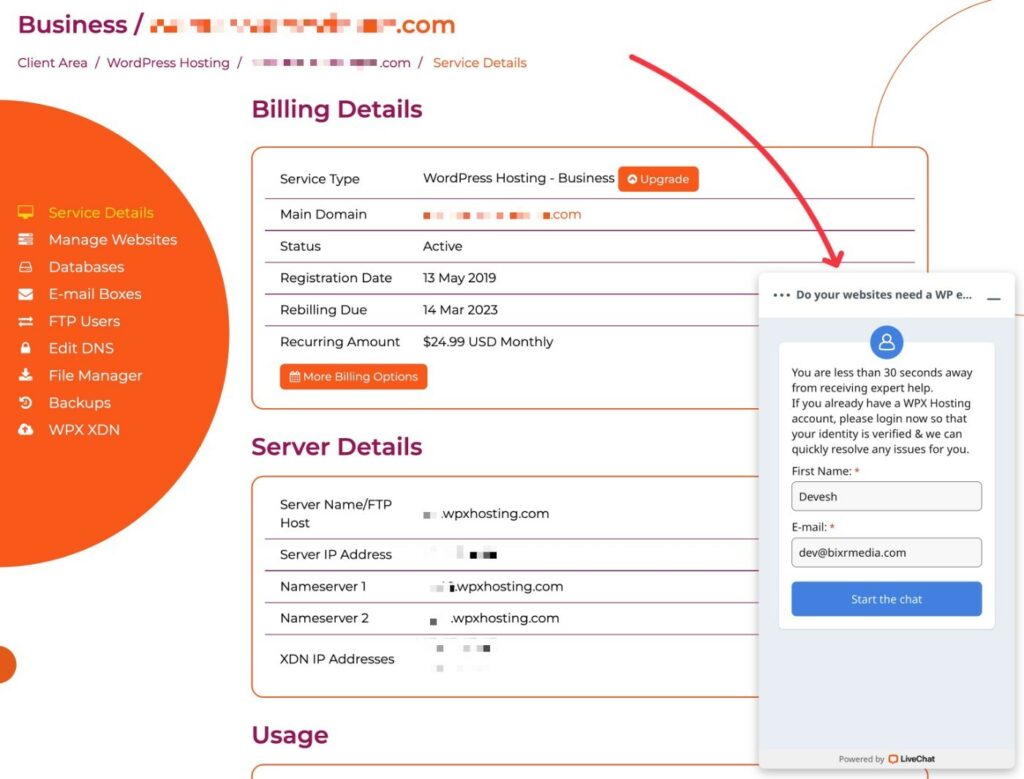 WPX Hosting support via live chat