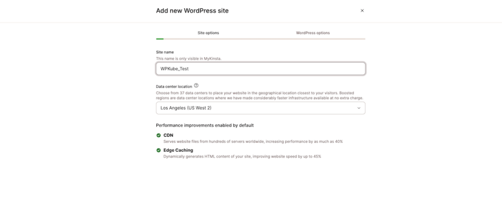 The dialog to add a site within Kinsta's setup wizard.