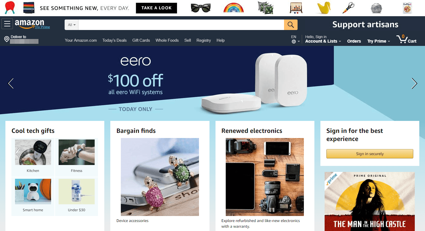 The Amazon website home page.