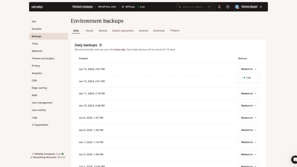 The Environment Backups screen within the MyKinsta dashboard.