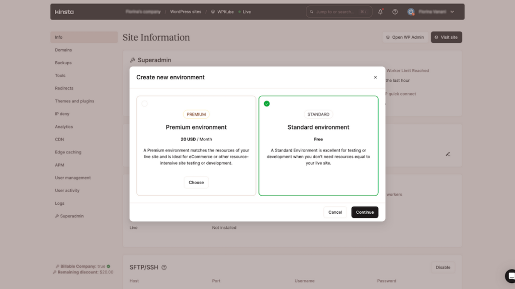 The Create new environment screen within the MyKinsta dashboard.