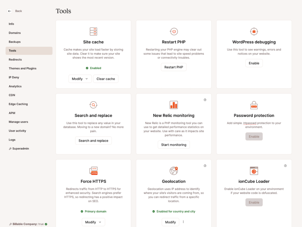 The Tools screen within the MyKinsta dashboard.