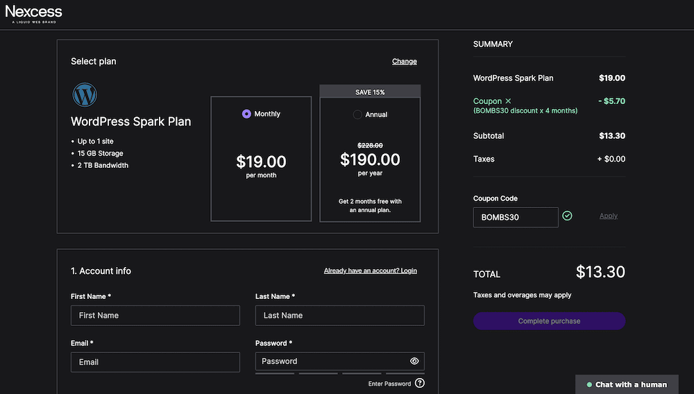 The Nexcess checkout showing a discount applied.