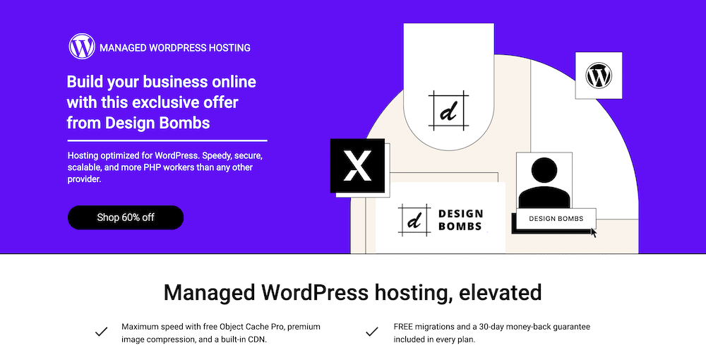 The Nexcess website showing Design Bombs' branding.