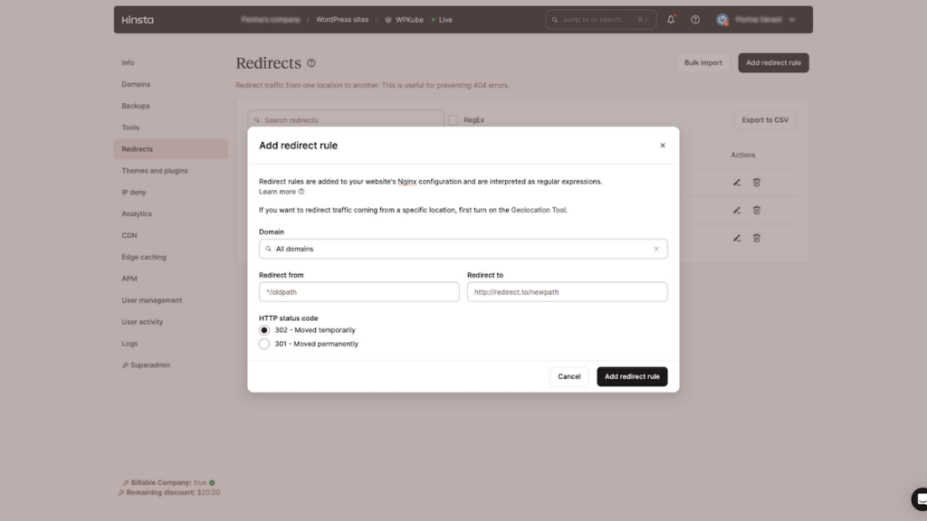 Adding redirect rules for a Kinsta website within the MyKinsta dashboard.