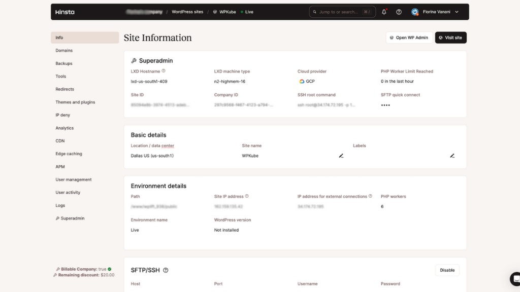 The Site Information for a Kinsta website.