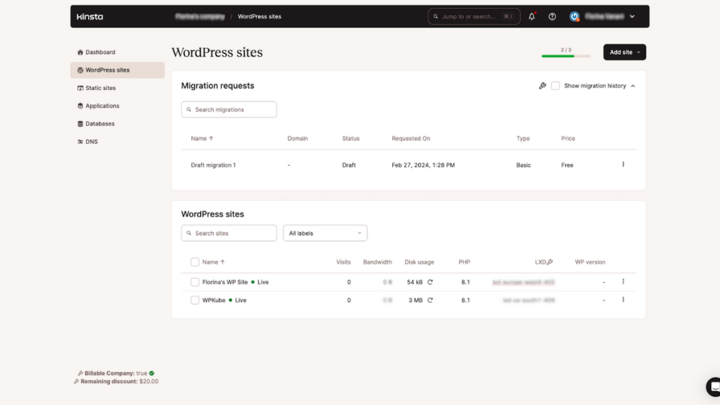The MyKinsta dashboard showing a list of WordPress websites.